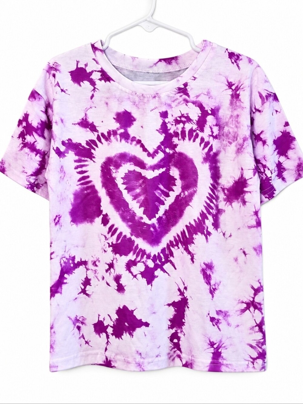 Girls Graphic T Shirt 6Y Pink Purple Tie Dye Heart Short Sleeve Stretch Top Tee